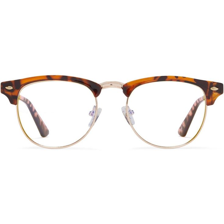 a pair of glasses with tortoise frames and clear lenses on a white background