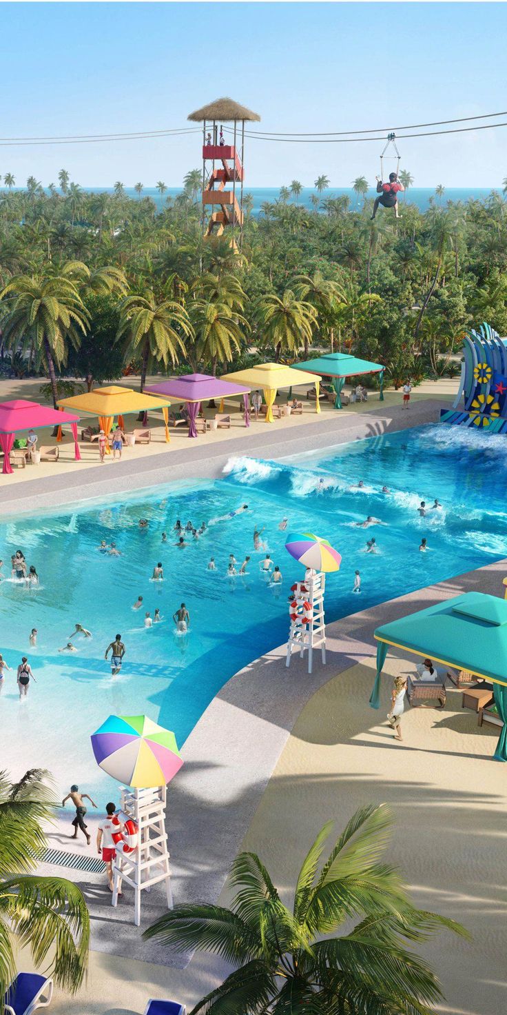 an artist's rendering of a large pool with people in it and water slides