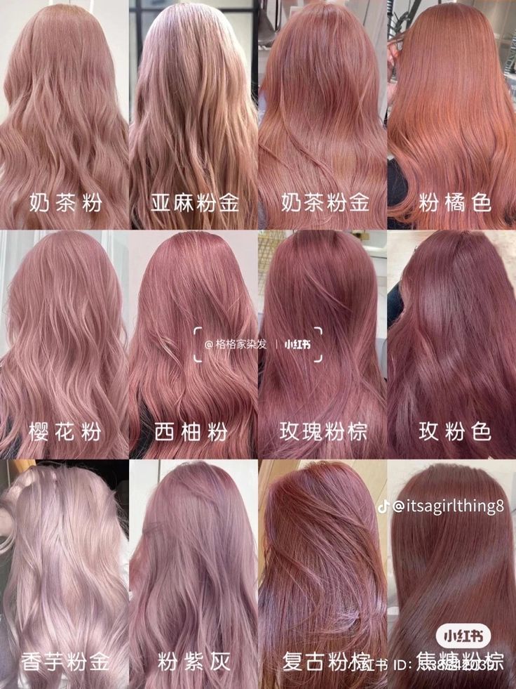 Types Of Pink Hair Color, Pink Hair Tanned Skin, Rose Gold Hair Korean, Dark Rose Pink Hair, Ashy Rose Hair, Shades Of Pink Hair Chart, Hair Color Ideas Japanese, Milk Tea Hair Color Pink, Rose Ash Hair