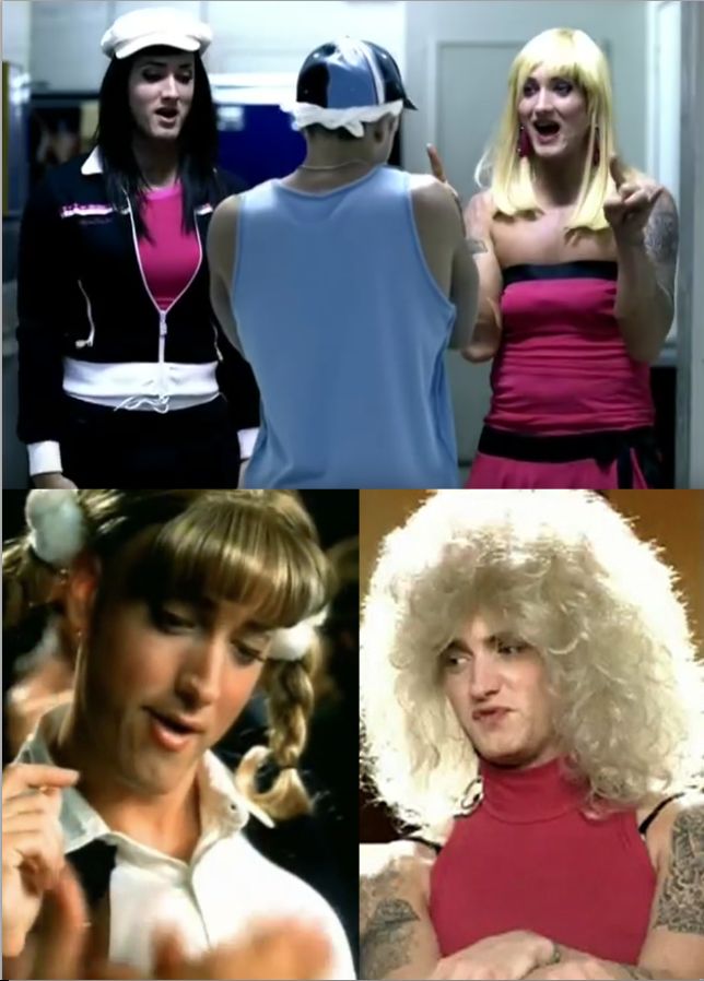 four different pictures of women with blonde hair and piercings, one in pink shirt the other in blue