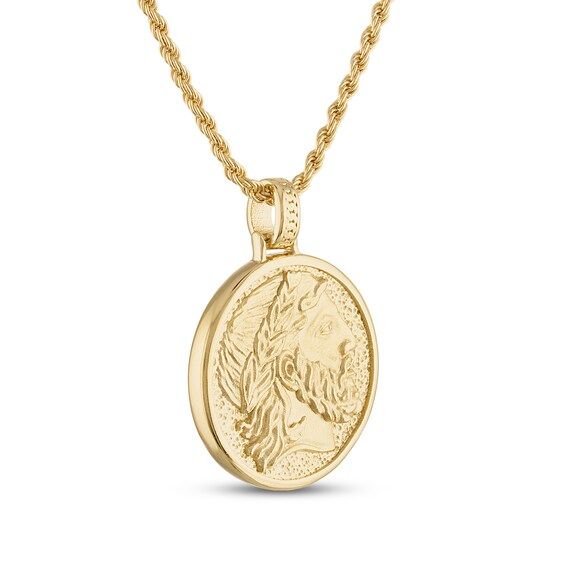 This mystical men's amulet necklace features a depiction of the ancient mythological figure, Zeus. 14K yellow gold-plated sterling silver The 24-inch rope chain secures in place with a lobster clasp. The signature "E" is stamped on the clasp to identify each piece as part of the 1933 by Esquire collection. Ancient Style Yellow Gold Brass Jewelry, Ancient Style Yellow Gold Necklace With Coin Pendant, Ancient Yellow Gold Jewelry For Collectors, Collectible Ancient Style Yellow Gold Jewelry, Ancient Style Collectible Yellow Gold Jewelry, Gold Mythological Jewelry With Coin Pendant, Gold Mythological Coin Pendant Jewelry, Mythological Style Gold Coin Pendant Jewelry, Symbolic Yellow Gold Collectible Necklace