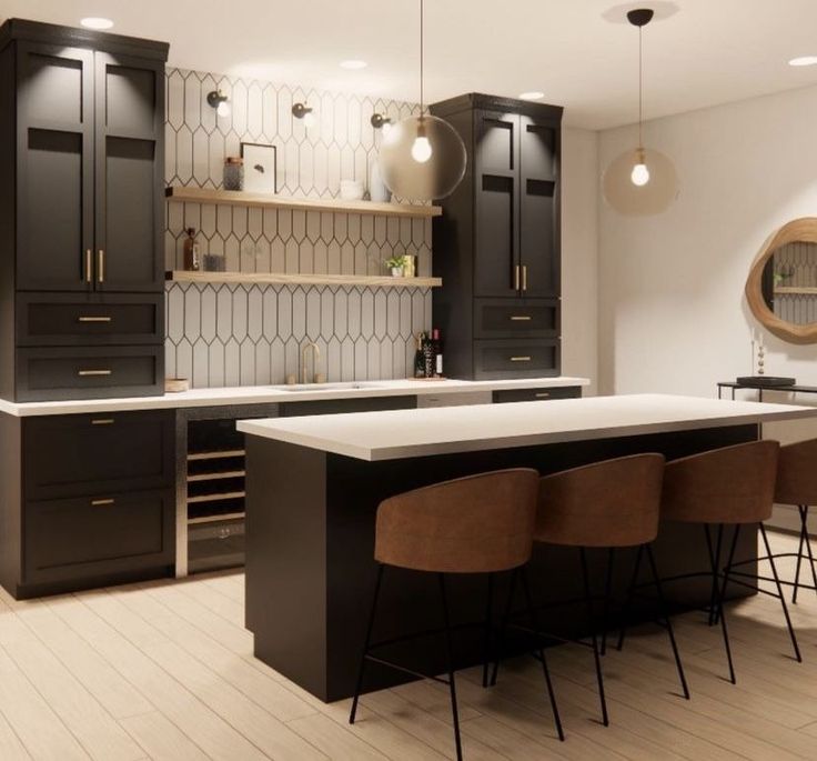 a modern kitchen with black cabinets and white counter tops, bar stools, and wooden flooring