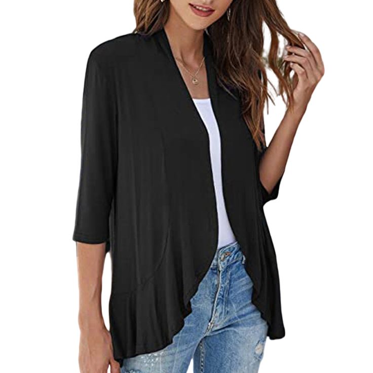 Black 3/4 Sleeve Ruffle Detail Cardigan Top Lightweight Solid Tops For Spring, Spring Lightweight Solid Tops, Fall Stretch Short Sleeve Cardigan, Lightweight Casual Tops For Fall, Lightweight Casual Cardigan For Spring, Relaxed Fit Short Sleeve Fall Cardigan, Relaxed Fit Short Sleeve Cardigan For Fall, Lightweight Casual Spring Tops, Casual Solid Color 3/4 Sleeve Cardigan