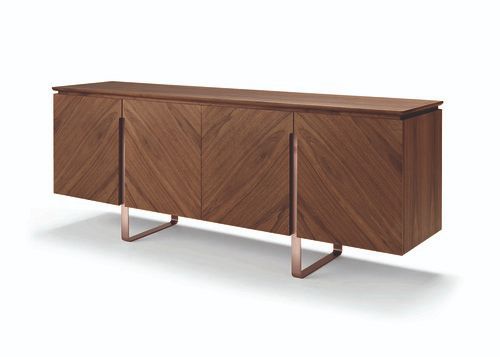 the sideboard is made out of wood and has two metal legs on each side