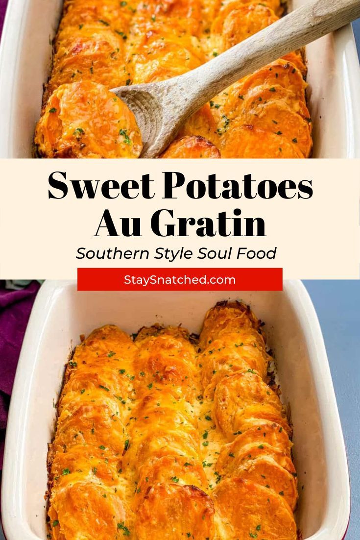 sweet potatoes au gratin in a white casserole dish with a wooden spoon