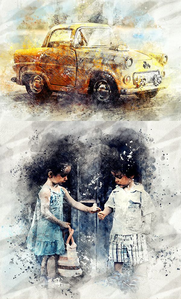 two women shaking hands in front of an old car and another painting with watercolors