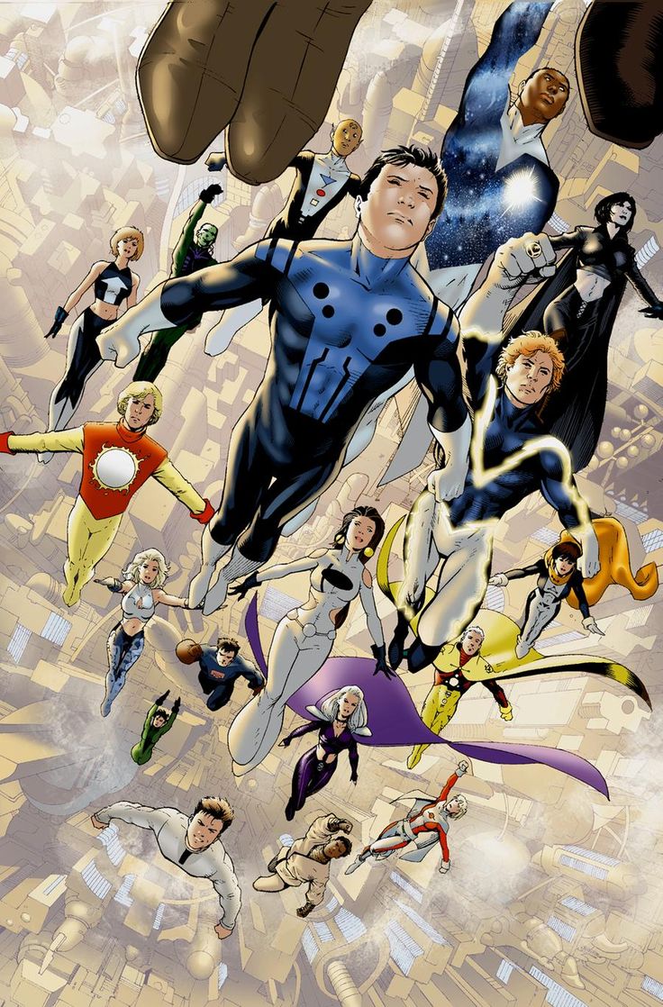 a group of people flying through the air in front of an image of superheros