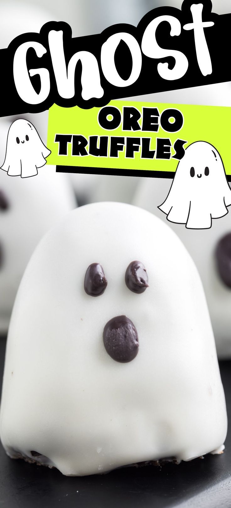 oreo ghost truffle on a plate Food To Bring To A Halloween Party, Ghost Cake Pops Halloween, Halloween Ghost Desserts, Halloween Ghost Food Ideas, Ghost Dessert Ideas, Oreo Truffles Halloween, Ghost Oreo Balls, Fall Oreo Balls, Halloween Oreo Truffles