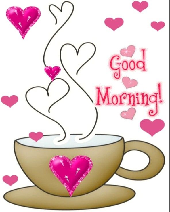 a coffee cup with hearts floating out of it and the words good morning on top