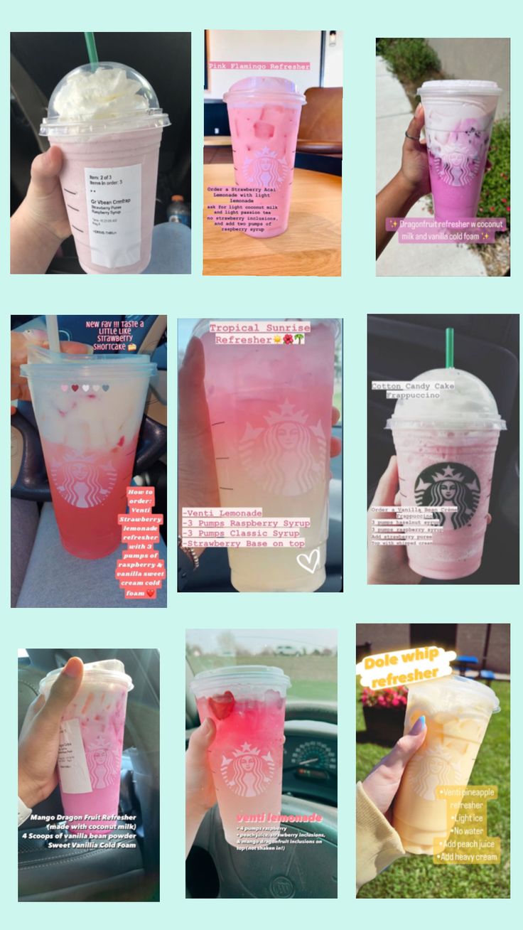 various pictures of different types of drinks in plastic cups