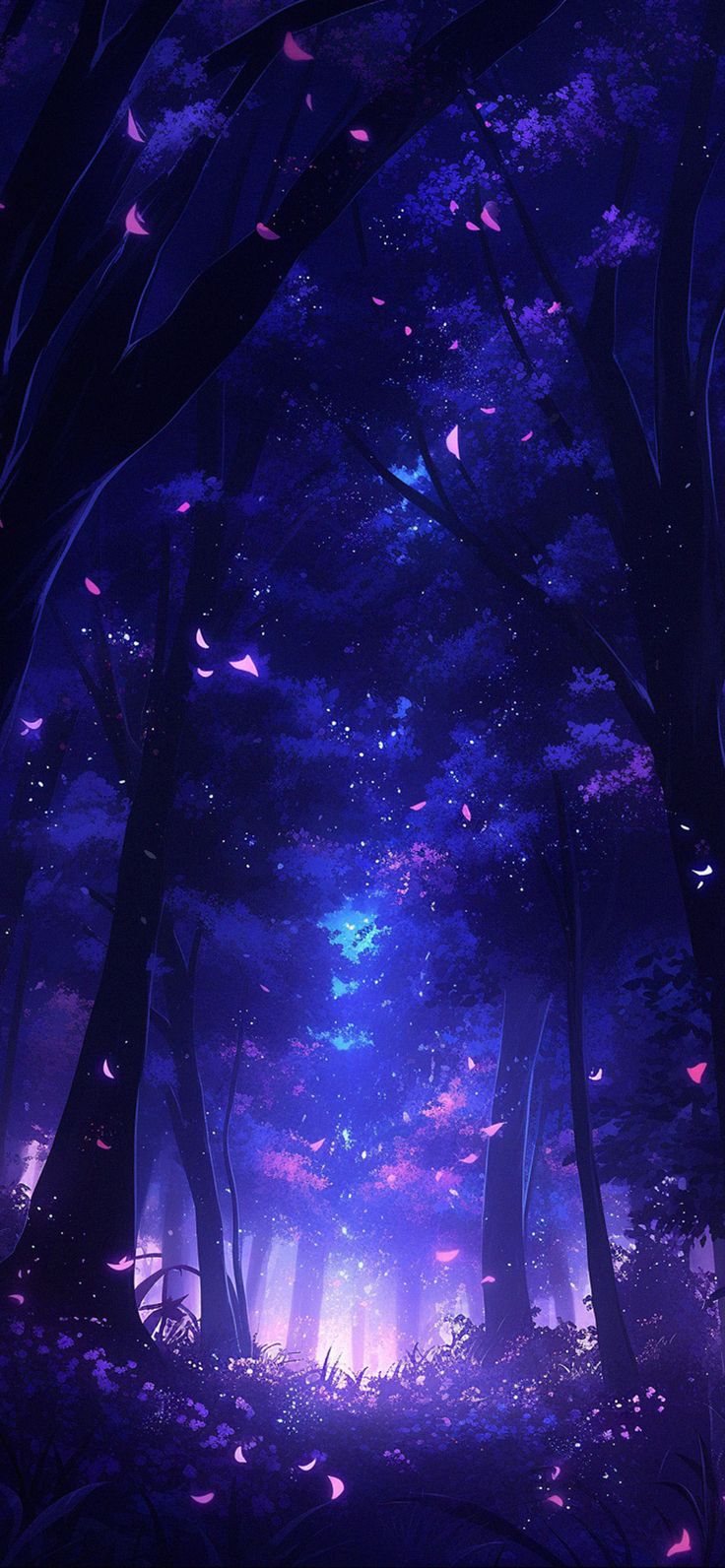 a purple forest with lots of trees and butterflies flying in the air at night time