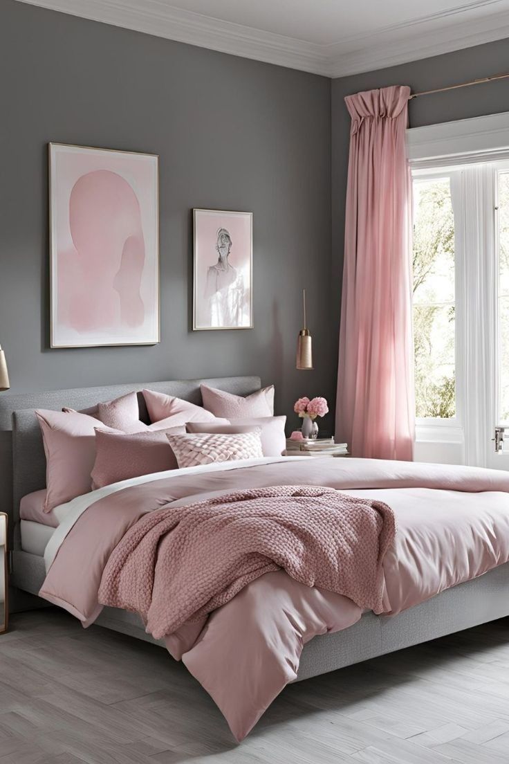 a bedroom with pink and grey decor