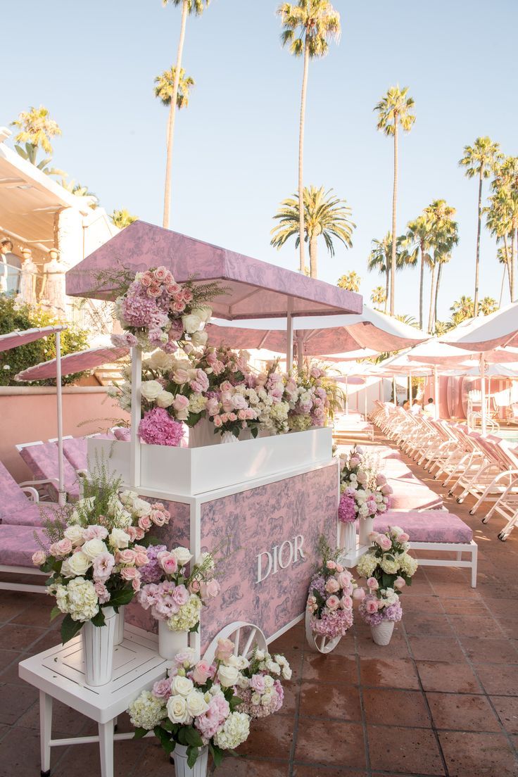 Dior flower cart at beverly hills hotel. Our favorite pink palace hosting a dream luncheon. Paris Party Decorations, French Baby Shower, Event Venue Design, Luxury Flower Bouquets, Wedding Background Decoration, Carnival Themed Party, Baby Shower Favors Girl, Picnic Decorations, Event Centerpiece