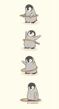 three penguins are playing with hula hoops and one penguin is holding an object