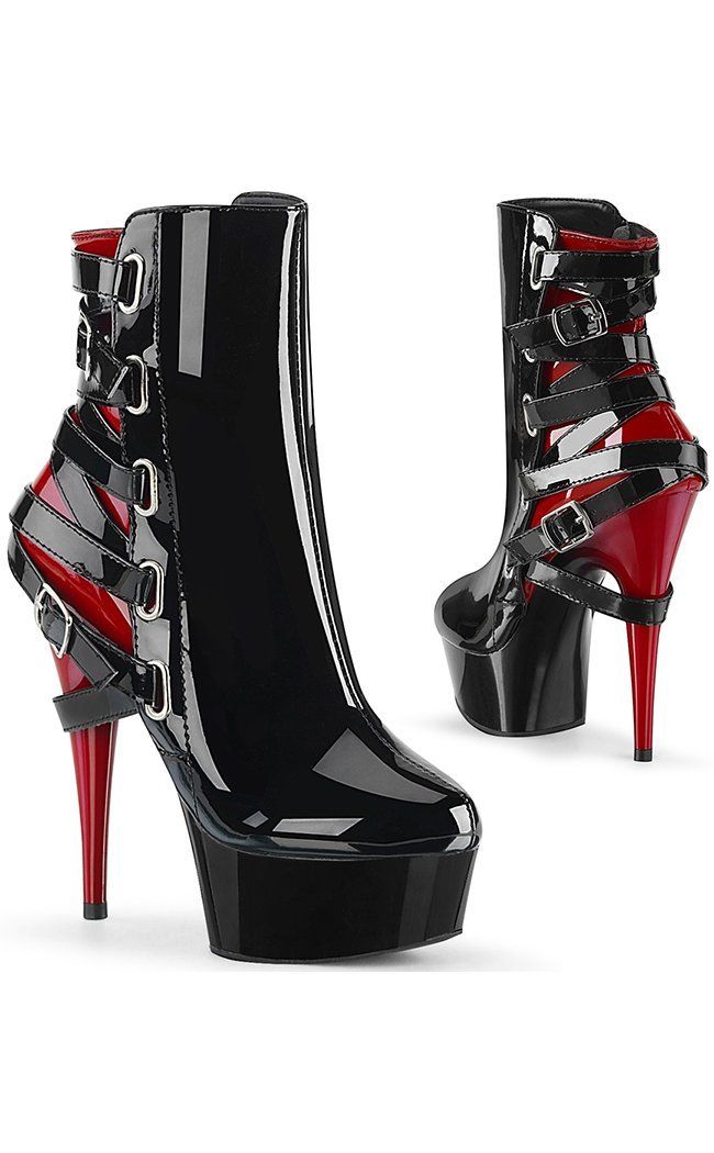 DELIGHT-1012 Black/Red Patent Strappy Boots-Pleaser-Tragic Beautiful High Heel Design, Black And Red Accessories, Black Gothic High Heels, Pleaser Heels Outfit, Drag Heels, Pleasers Heels, Black And Red Heels, Six Inch Heels, Red And Black Fashion