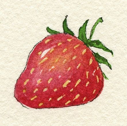 a drawing of a red strawberry with green leaves on it's tip and bottom