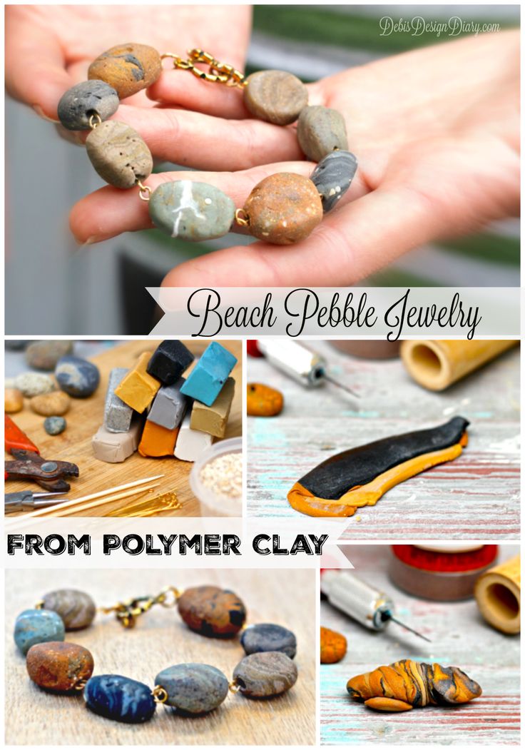 the beach pebble jewelry from polymer clay is shown in four different pictures, including a woman's hand holding a bead