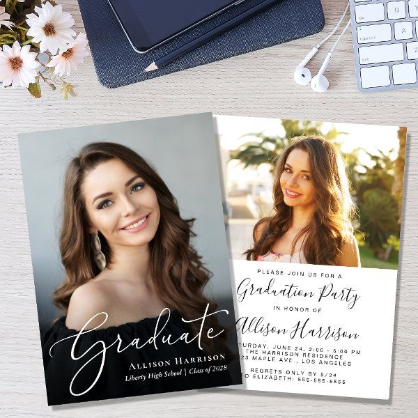 a graduation party card with a photo and flowers on the table next to it,