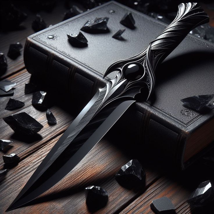 a black knife sitting on top of a wooden table next to a book and some rocks