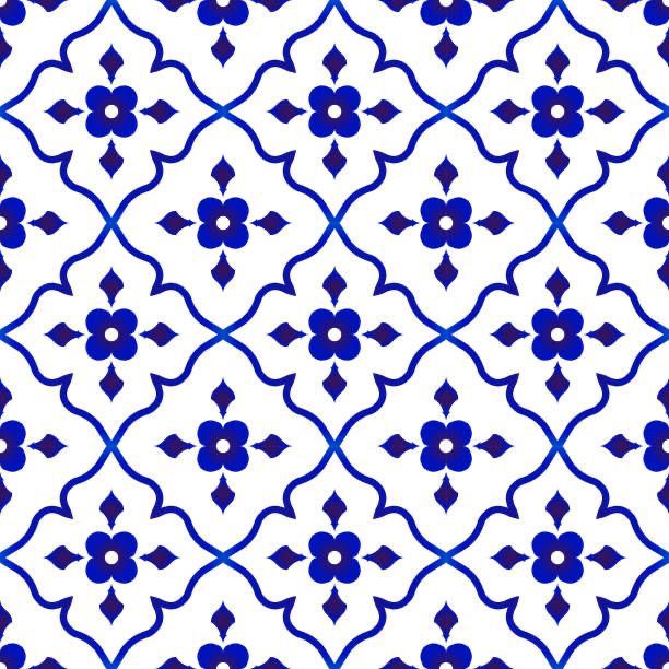 a blue and white tile pattern with an intricate design on the outside, in shades of blue