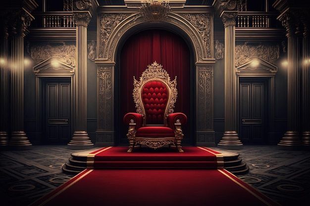 a red chair sitting on top of a red carpet in front of an ornate doorway