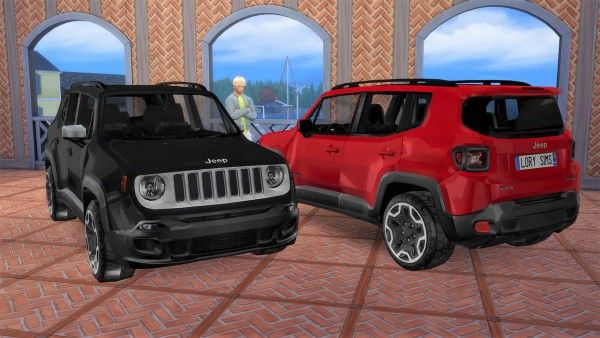 two red and black jeeps parked next to each other in front of arched windows