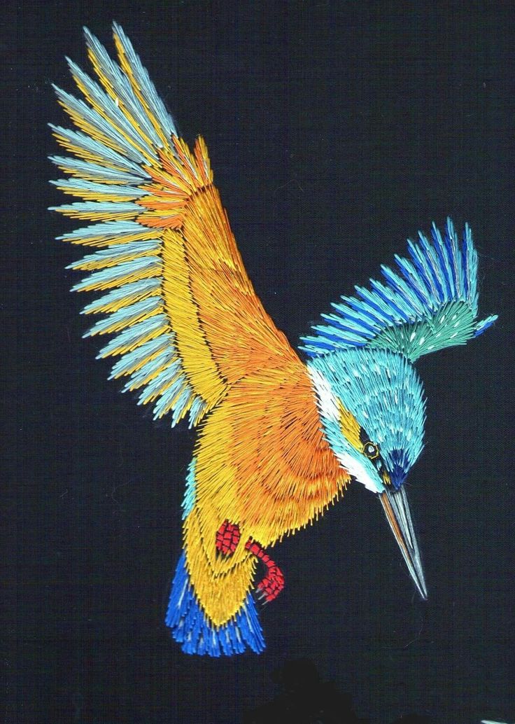 a drawing of a colorful bird flying in the sky