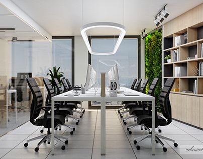 an office with black chairs and white tables