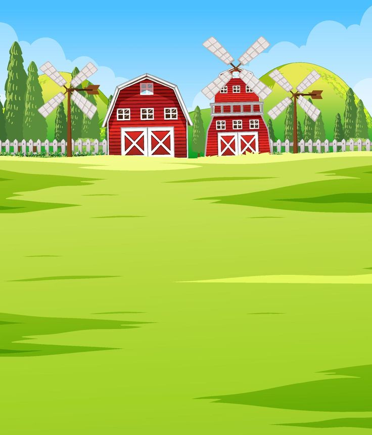 a farm with windmills in the background and green grass on the foreground illustration