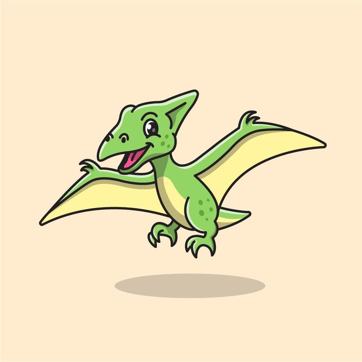 a green and yellow cartoon dinosaur with its mouth open, flying through the air on a beige background