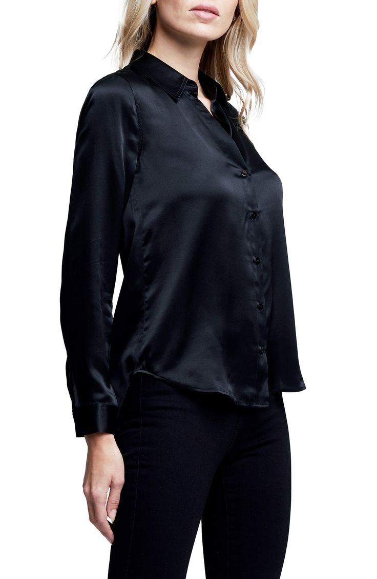 Timeless Silk Shirt For Office, Elegant Silk Button-up Shirt, Classic Satin Blouse With Button Cuffs, Timeless Formal Blouse With Button Closure, Classic Silk Blouse For Formal Occasion, Sleek Satin Blouse With Buttons, Timeless Silk Shirt For Formal Occasions, Silk Office Blouse With Button Closure, Silk Blouse With Button Closure For Office