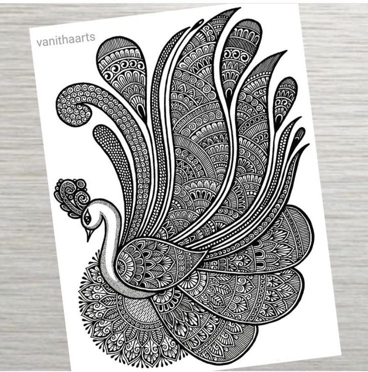 a black and white drawing of a peacock with intricate designs on it's feathers