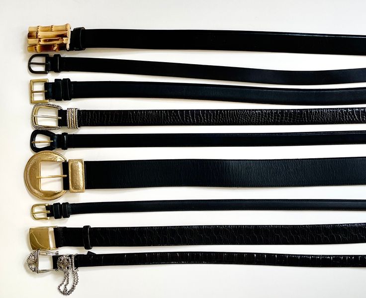 "PLEASE READ MEASURING INSTRUCTIONS BELOW IN ORDER TO DETERMINE CORRECT SIZING  Because stated vintage sizing varies tremendously, the \"length\" measurement that we provide is the TIP OF BUCKLE-TO-TIP OF STRAP.  We STRONGLY RECOMMEND that you compare that measurement to a belt you already own that works well for you. Available styles (LISTED FROM TOP TO BOTTOM): STYLE #1: Soft solid black genuine leather strap with natural bamboo wood buckle.  Made in Italy by Saks Fifth Avenue.  Marked size M. Length: 37-3/4\" / Width: 1-5/16\" STYLE #2: Simple genuine Italian leather strap with steel tone solid brass buckle.  Made in USA.  Marked size M. Length: 40-3/4\" / Width: 7/8\" STYLE #3: Soft matte black leather strap with solid brass buckle.  Made in USA by Coach.  Marked size 36/90cm. Length: American Vintage Clothing, Belts Vintage, Women's Belts, Black Leather Belt, Suspender Belt, Classic Leather, Belts For Women, Vintage Leather, Italian Leather