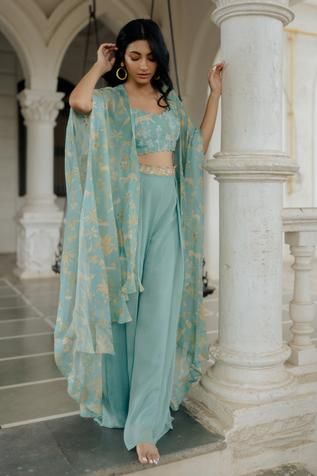 Shop for Paulmi and Harsh Blue Georgette Bagh Print Jacket And Palazzo Set for Women Online at Aza Fashions Paulmi And Harsh, Kajol Saree, Bagh Print, Girl Frock, Frock Dress, Printed Jacket, Kurti Design, Indian Dresses Traditional, Traditional Indian Outfits