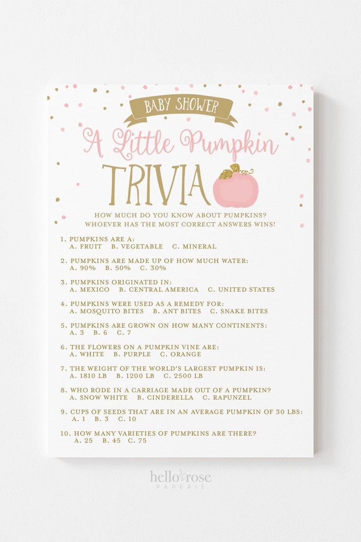 a little pumpkin trivia baby shower game with pink and gold polka dots on it