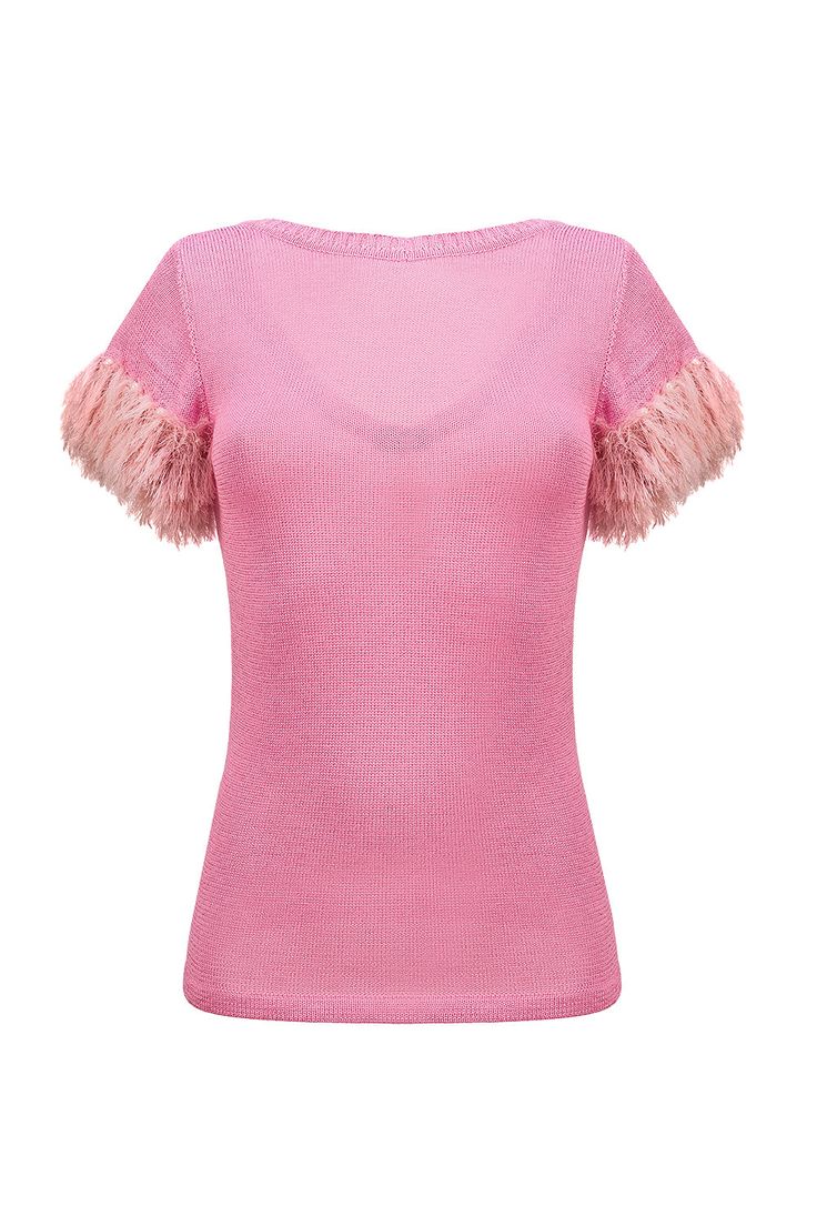 ANDREEVA | Pink knit top with handmade knit details Pink Knit Top, Linda Carter, Shirt Blouses Women's, Handmade Knit, Pink Knit, Feminine Silhouette, Online Tops, Handmade Knitting, Knit Skirt