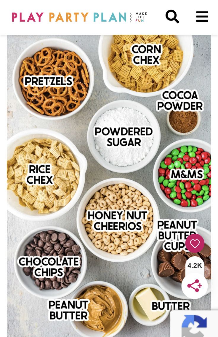 bowls filled with different types of cereals and pretzels on top of each other