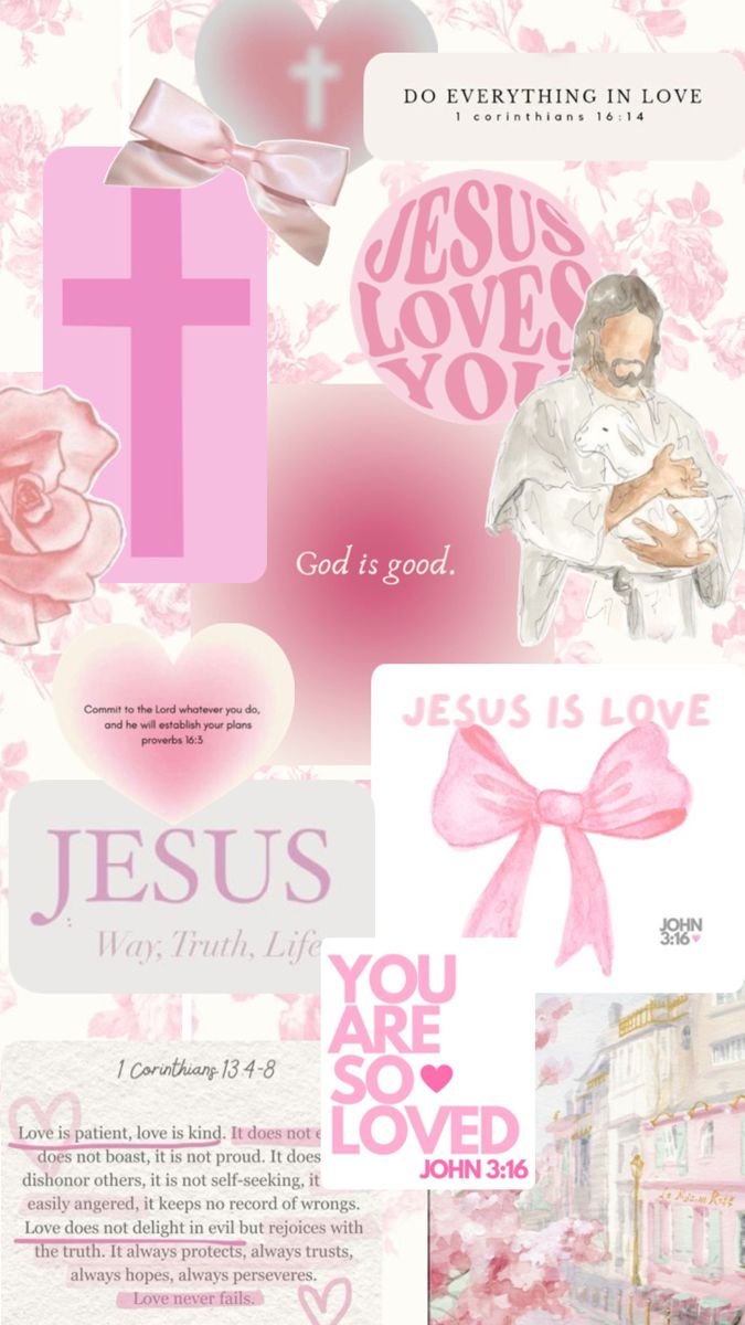 pink and white collage with the words jesus is love