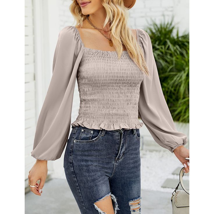 Apricot Smocked Square Neck Chiffon Tunic Tops Woman Blouse Fashion, Chiffon Tunic Top, Chiffon Shirt Blouse, Chiffon Tunic, Pleated Shirt, Balloon Sleeve Blouse, Chiffon Long Sleeve, Solid Color Shirt, Slim Dresses