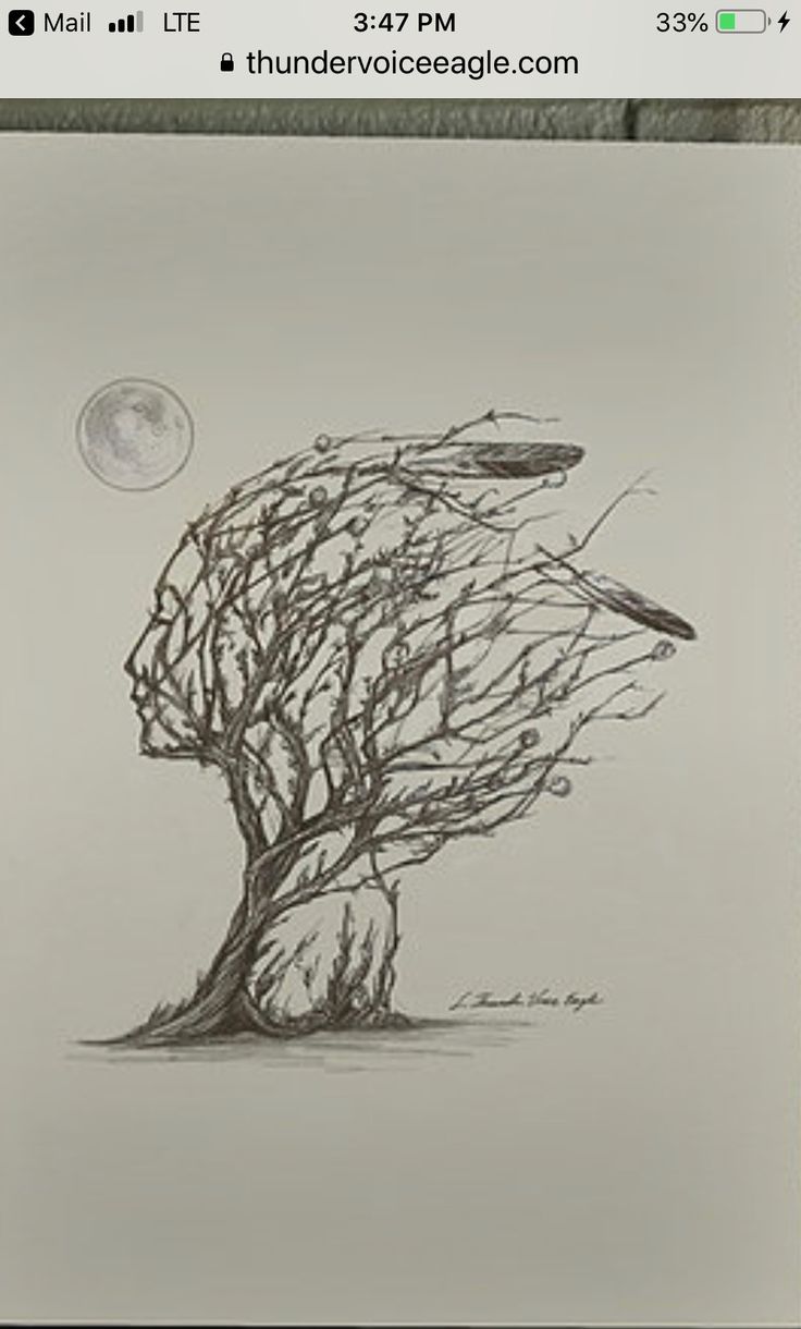 a drawing of a tree with a bird sitting on it's head and the moon in the background