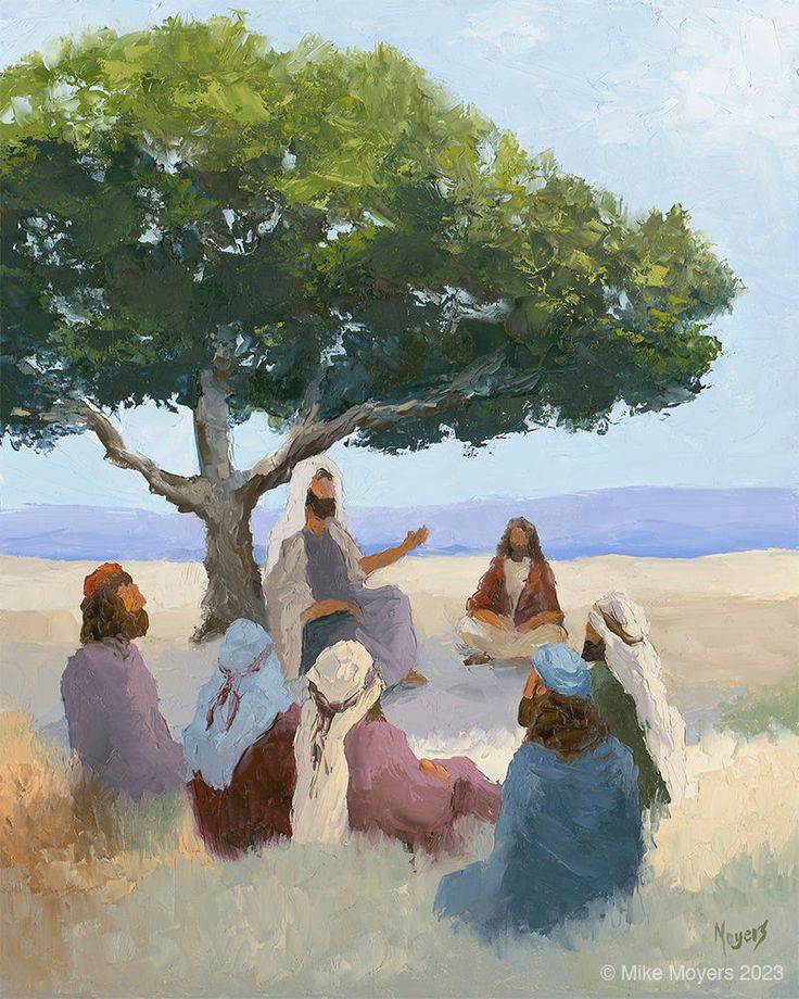 a painting of people sitting under a tree