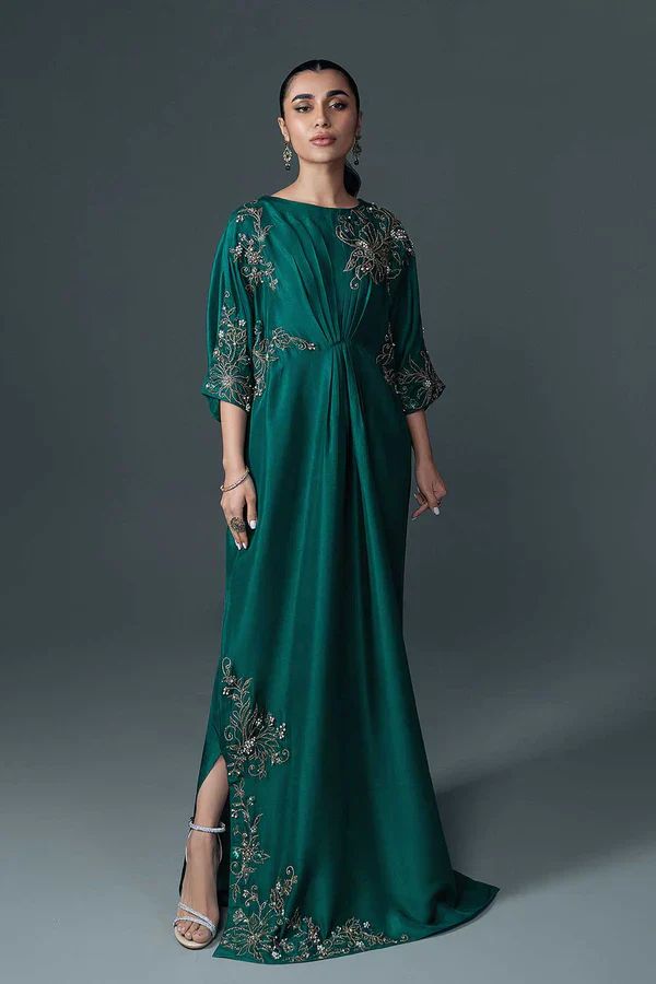 Exquisite ARIANA GREEN Korean Raw Silk Ensemble with Cutwork & Sequins  | Luxury Collection - Latest Pakistani Punjabi Suits Salwar Kameez Designer Wear. Green Embellished Floor-length Kurta, Green Embellished Sets For Eid, Embellished Green Floor-length Sets, Semi-stitched Embellished Green Kurta, Green Embellished Kurta For Eid, Maxi Length Green Kurta For Eid, Green Maxi Length Kurta For Eid, Green Long Sleeve Gown For Festive Occasions, Formal Green Salwar Kameez With Resham Embroidery