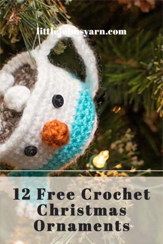 a crocheted ornament hanging from a christmas tree with text overlay that reads, 12 free crochet christmas ornaments