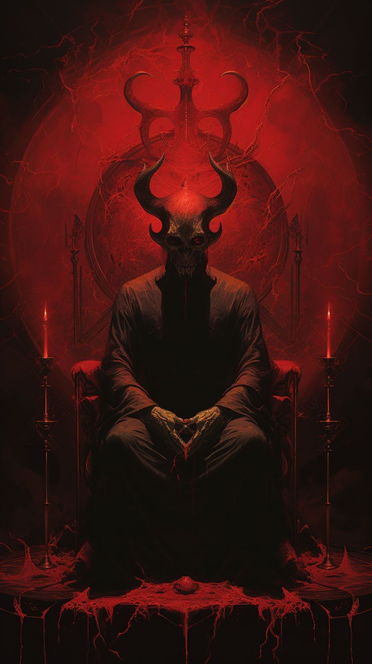 a man sitting in a chair with horns on his head and two candles behind him