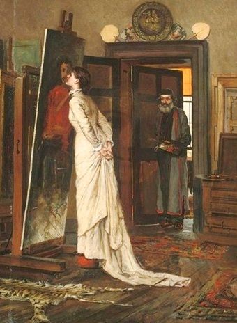 a painting of a man and woman standing in front of an open door, looking at each other