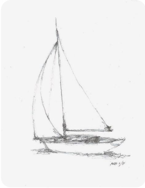 a pencil drawing of a sailboat on the water with no one in it's sails