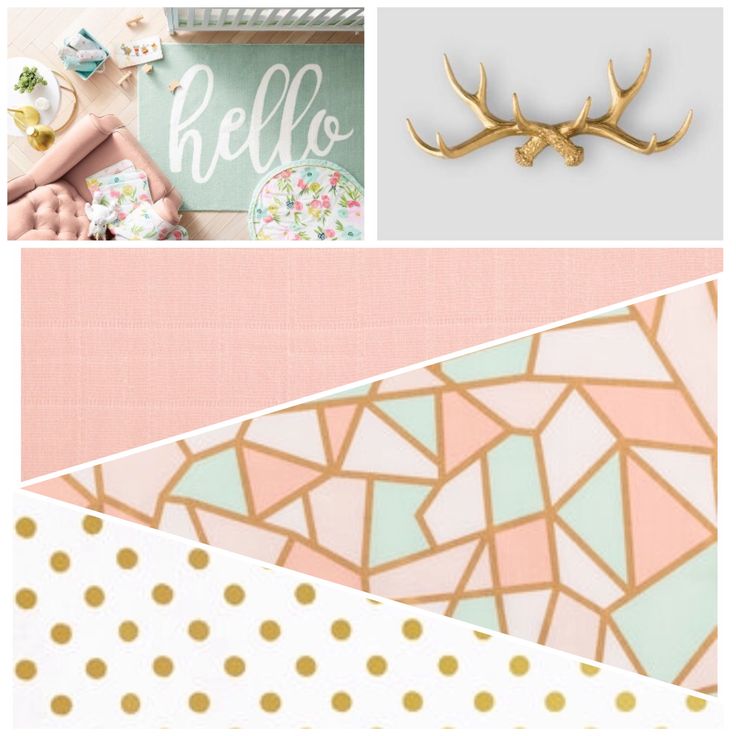 a collage with gold antlers and pastel colors