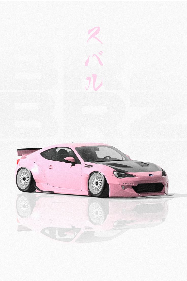 a pink sports car is parked in front of a white background with the word love on it