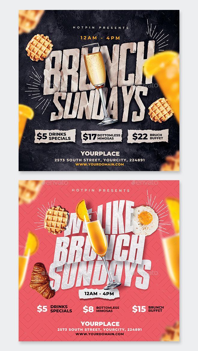 two different flyers for a brunch party