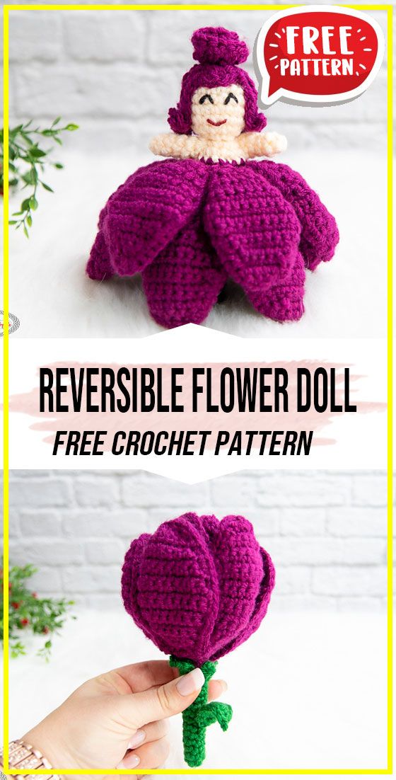 a crocheted flower doll is shown with the text, reversible flower doll free crochet pattern